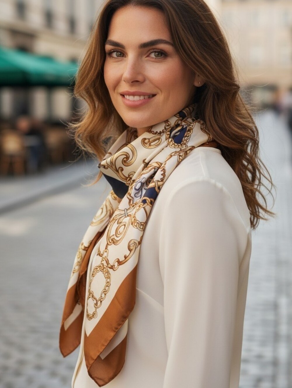 Elegant Chain-Print Silk Scarf in Cream, Brown & Navy